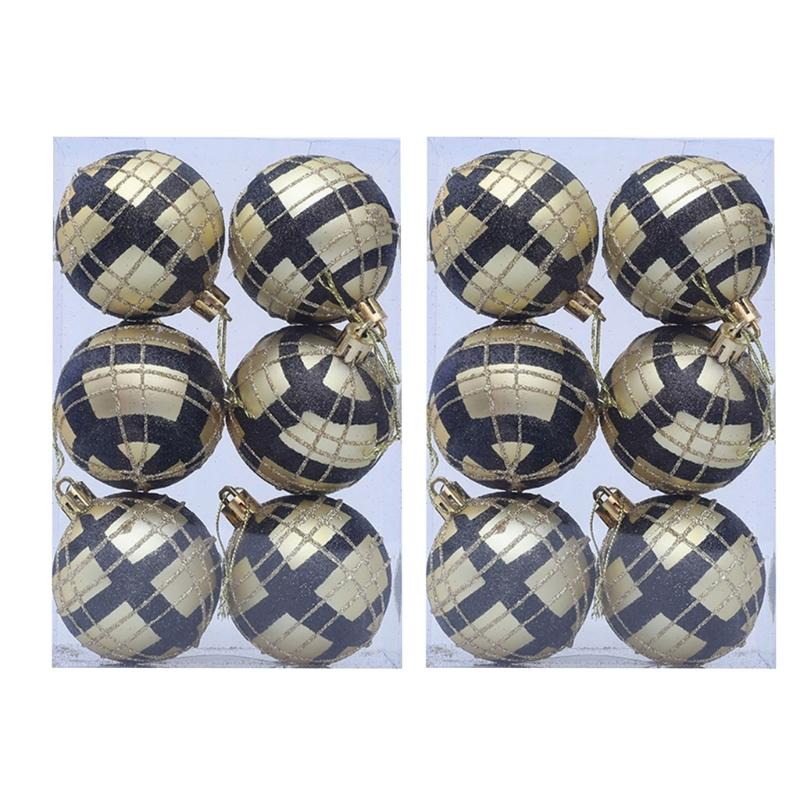 

2 Boxes Christmas Tree Decorations Tartan Pattern Plastic Hanging Ball Festival Home Holiday Party Decorative Accent золотистий/чорний