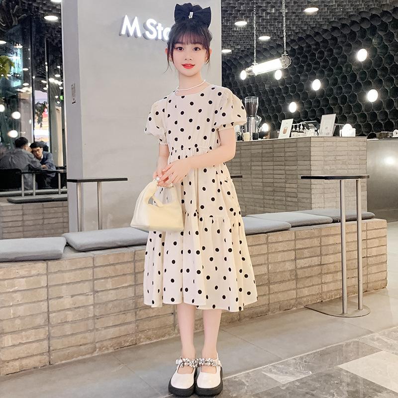 Sommerrock für Mädchen mit Polka Dots, Langrock mit Polka Dots aus reiner Baumwolle, Prinzessinnenrock aus reiner Baumwolle, Kinder-Temperamentrock mit Puffärmeln