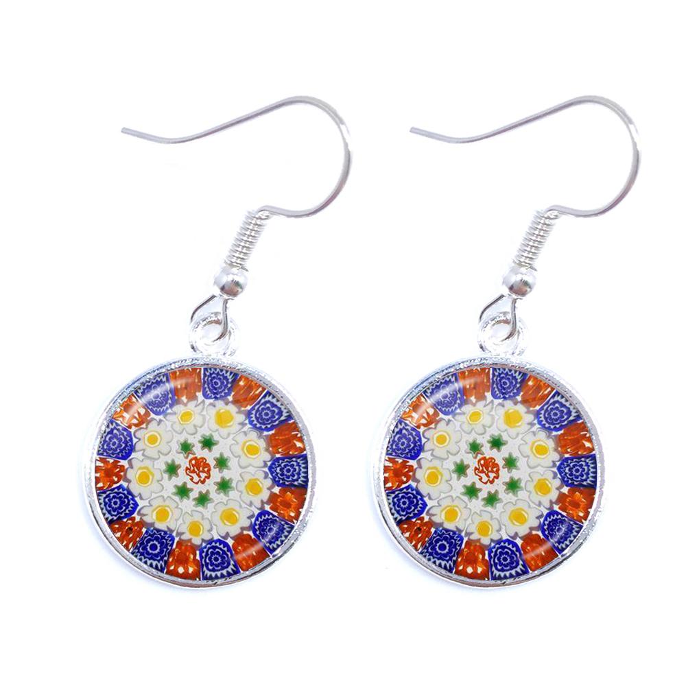 Murano Millefiori Drop Earrings MultiColour Flower 16mm Glass Cabochon Earring Jewelry For Women Girls Gift