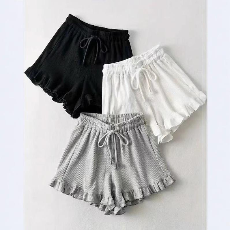 Women's Summer Lace Waffle Shorts: Elastic Waist, Lace-up, Ruffle Edge, Versatile Casual Sports Hot Pants