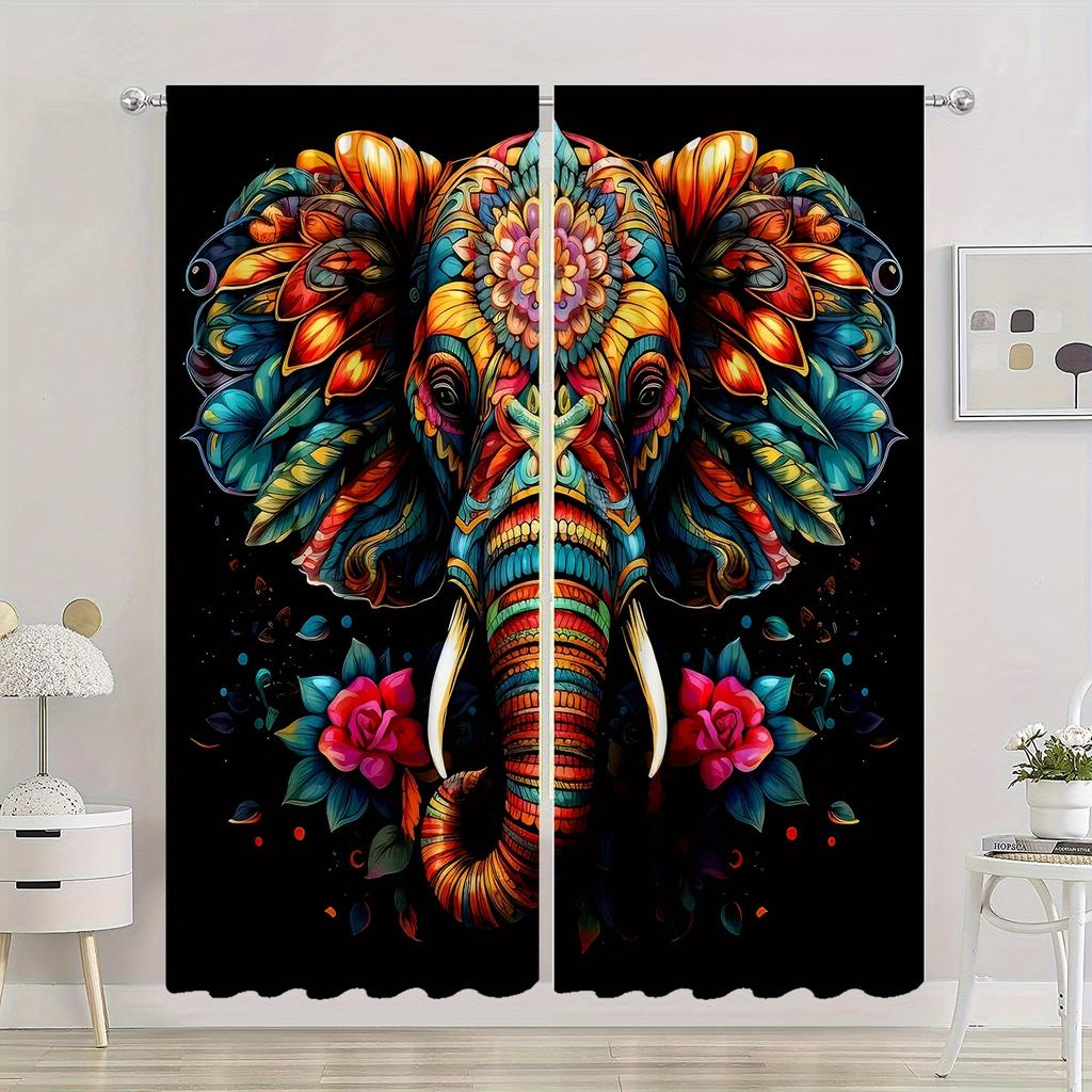 2 Stück Böhmische Vorhänge Fensterdraperien mit Mandala-Blume Elefant Tropische Pflanze Druckmuster Ösenoberteil Vorhang für Schlafzimmer