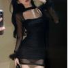 Mesh Hollowed-out Collarbone Dress for Women's Autumn and Winter Advanced Sense Fluffy Splicing Sexy Slim-fitting Hip-wrapped Short Skirt Tide