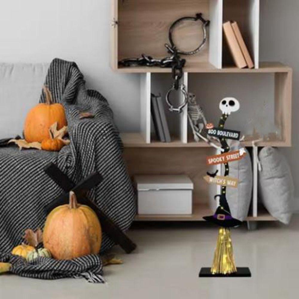 Spooky Design Wooden Witch Broom with Base Halloween Broomstick Ornament  Yard Ornament
