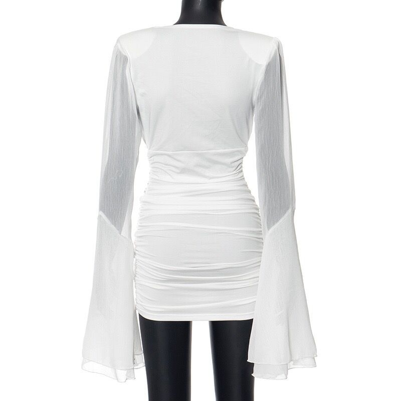 Autumn Sexy Deep V-neck Large Flared Sleeve Pleated Dress for Women