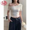 Langsha Women's Slim-Fit Asymmetrical Short Sleeve Crop Top
