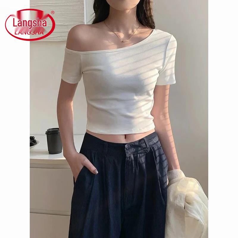 Langsha Women s Slim-Fit Asymmetrical Short Sleeve Crop Top S