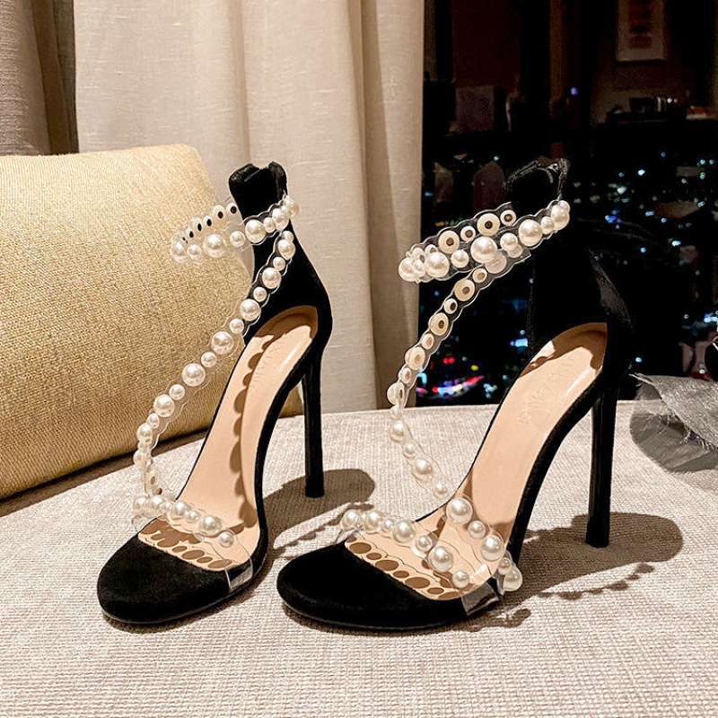 Pearl transparent sandals women's 2025 new summer versatile rear zipper star with the same stiletto one-word strap high heels