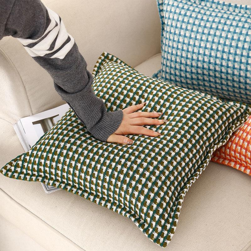 Plaid Linen Throw Pillow - Vintage Houndstooth Cushion Cover for Sofa, Bedroom, Office Chair & Bohemian Decor