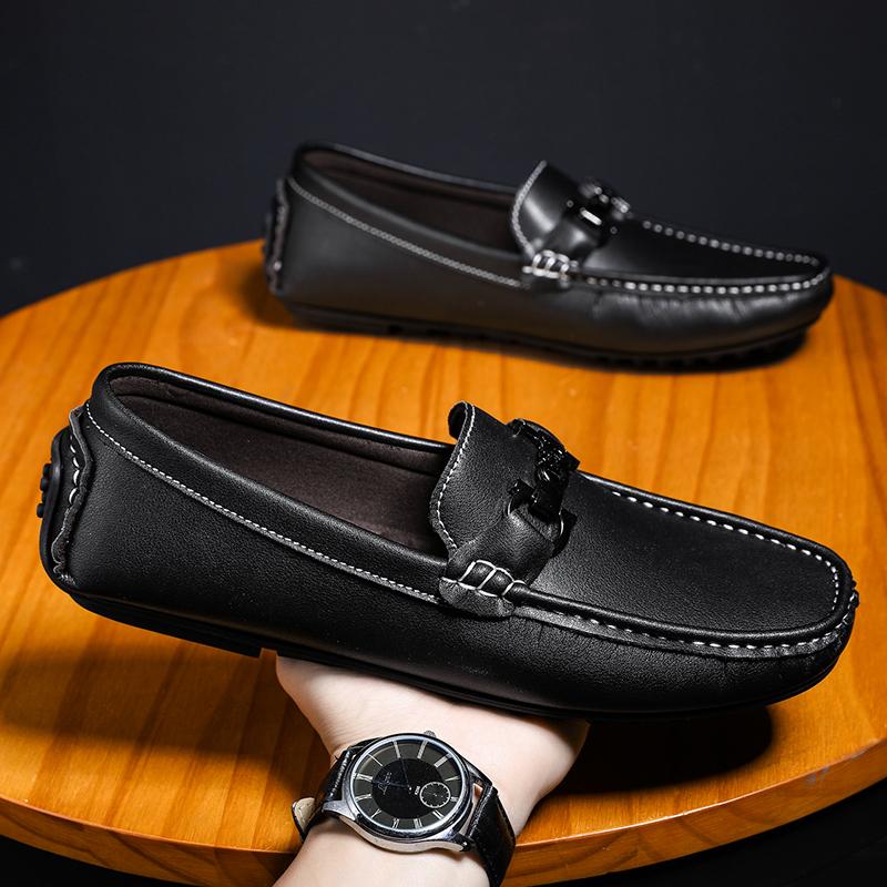 Fashion Metal Buckle Men's Loafers Travel Leather Casual Shoes Wedding Dress Shoes Moccasins Slip On Flats Leisure Walk Driving Footwear