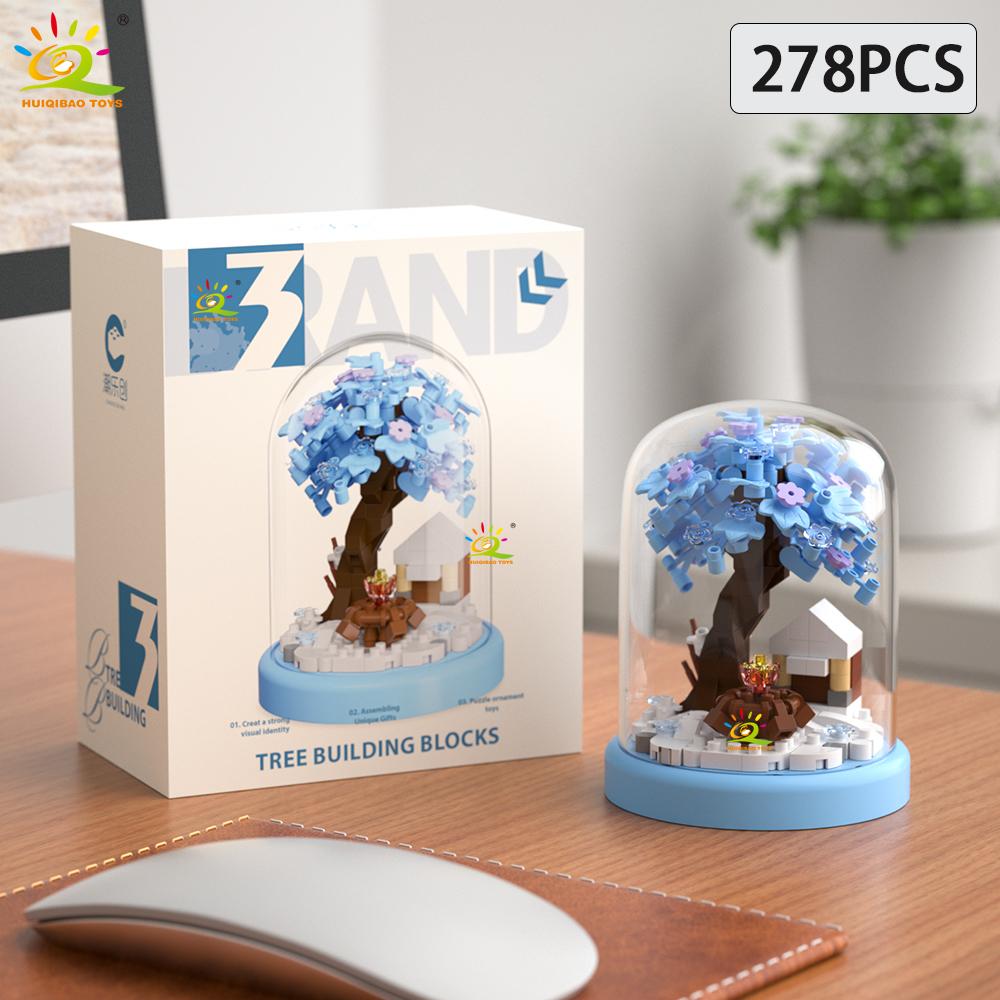 

HUIQIBAO MOC Мини-домик на дереве «Четыре сезона» с витриной, модель, микро-строительный блок, бриллиантовый кирпичик, игрушка для детей, декор для стола.