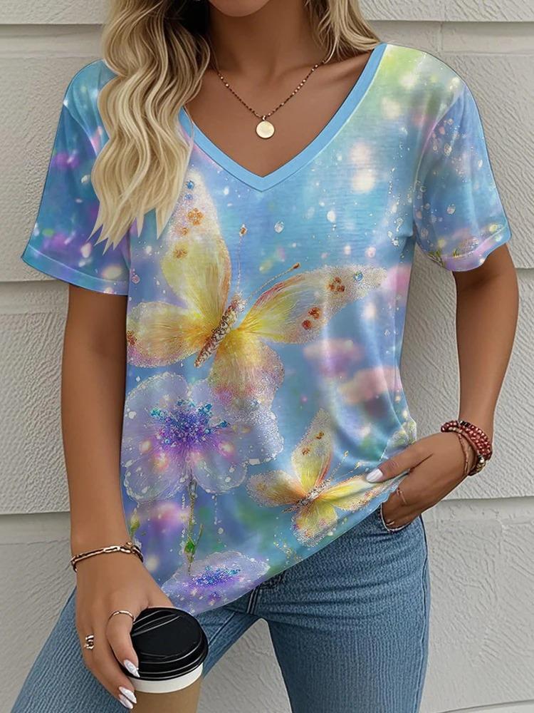 3D Butterfly Printed Short Sleeve T-shirt Korean Style Women's Clothes 2024 V-neck Short Sleeves Tees Shirt Loose Casual Blouses