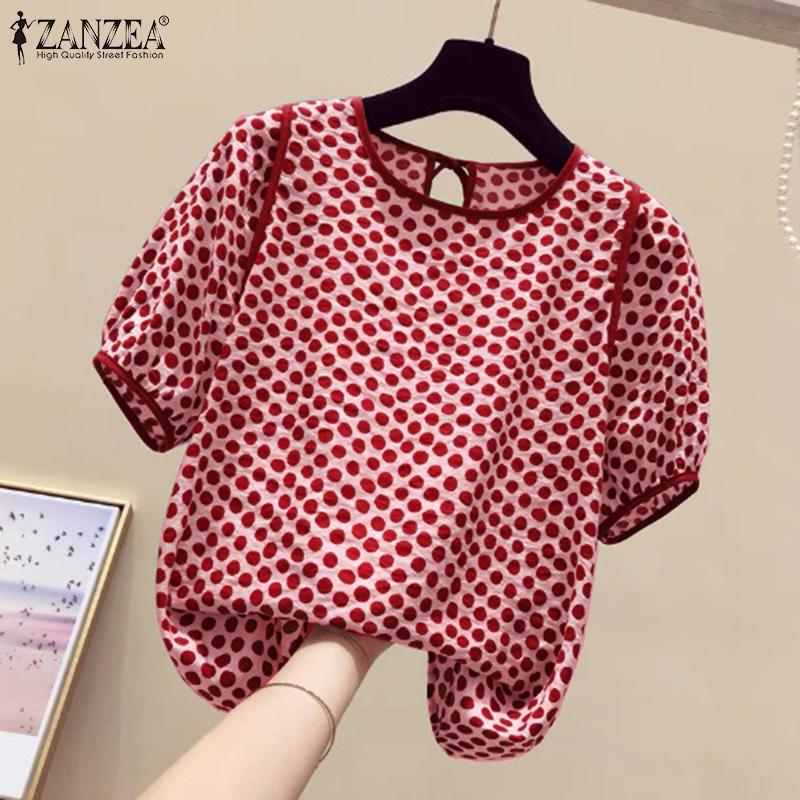 ZANZEA Dámská ležérní halenka s polka dot tiskem do O s výstřihem do O