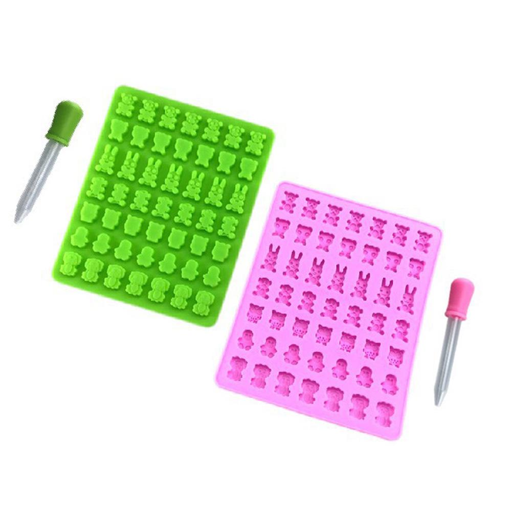 2Pcs/Set 49 Holes Silicone Mold + Dropper Set Cartoon Chocolate Gummy Candy Mold Ice Cube Maker