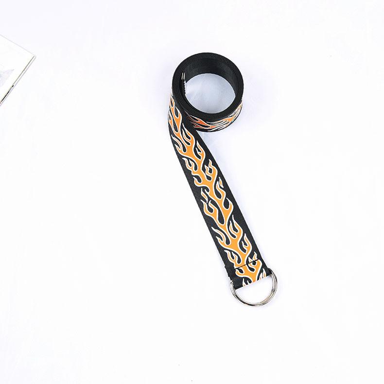 Fire Flame Embroidered Canvas Belt With Double Ring Closure For Fashionable Denim Outfits