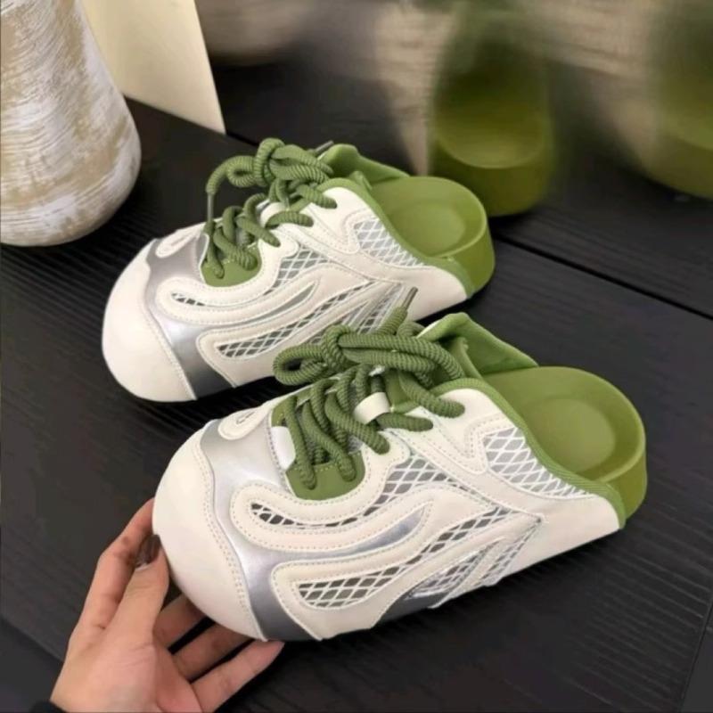 2025 Summer Fashion Thick Bottom Small Man Height Breathable Mesh Color Matching Casual Style Outside Wear Bag Head Women's Slippers Tide