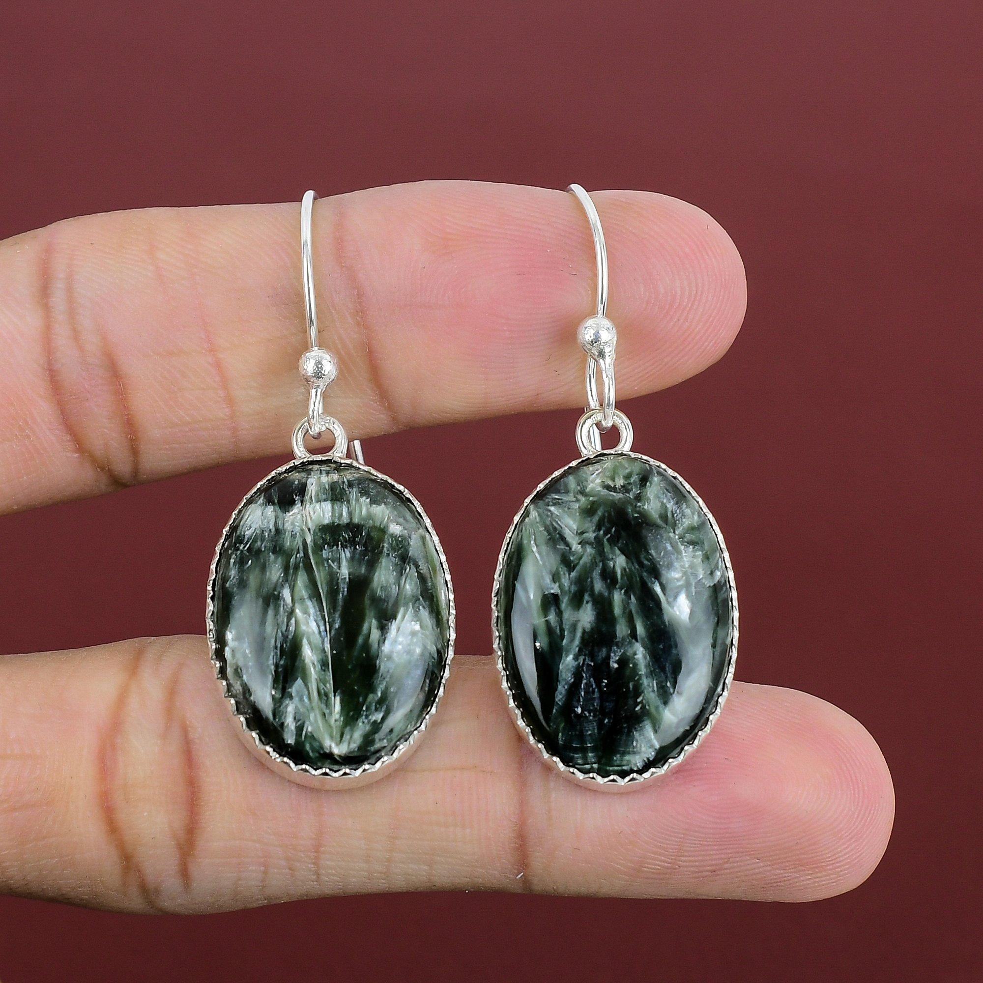 Seraphinite Earring Top Quality Gemstone Earring Handmade Boho Jewelry 925 Sterling Silver Earring Natural Seraphinite Jewelry Gifts For Mom