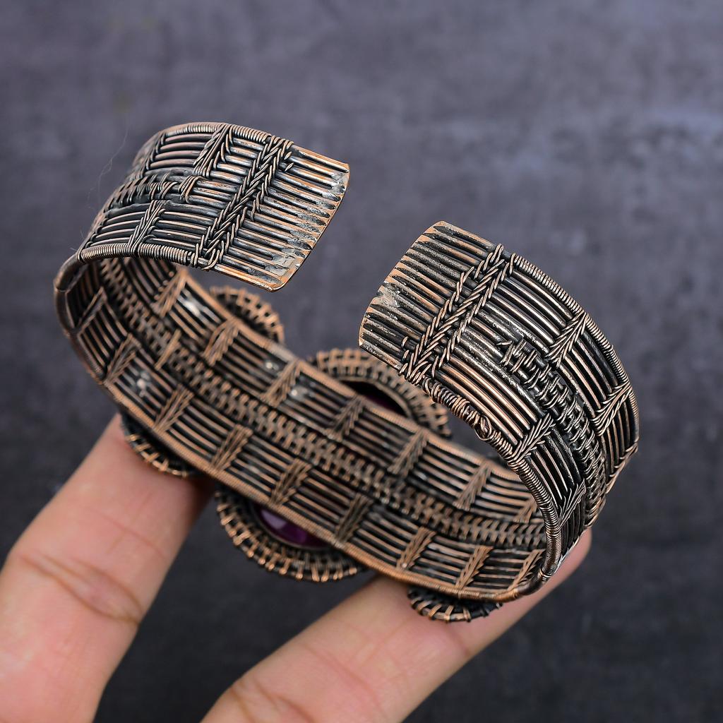Kashmir Red Ruby(Simulated) Gemstone Handmade Copper Wire Wrap Cuff Bangle Adjustable J4a26