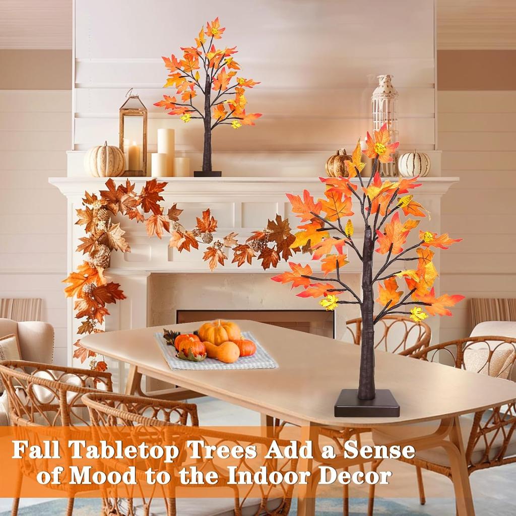 Thanksgiving Decorations, 2 Pack 24''/2FT Prelit Fall Maple Tree Fall Decor Total 48 LED Timer Battery Operated Lighted Pumpkins Acorns Maples Leaves