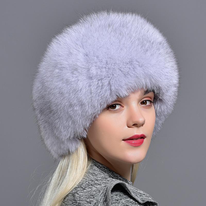 Real Fox Fur Bomber Hat for Women with Leather Thick Warm Sheepskin 56-60cm Lady Winter Caps