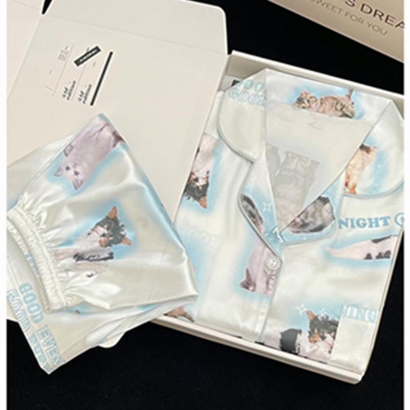 Summer New Ladies Sweet Satin Silk Floral Printed Pajamas Set Short Sleeve+Pants Women Cute Homewear Casual Wear