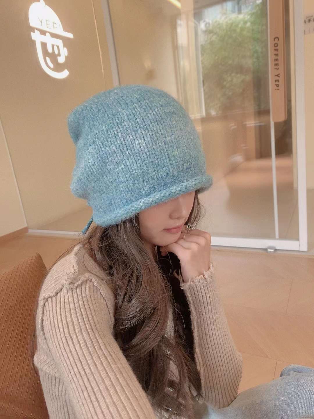 

Rainbow Cute Drawstring Knit Hat Womensfashion Korean Style Sweet Cap Cotton світло-синій колір