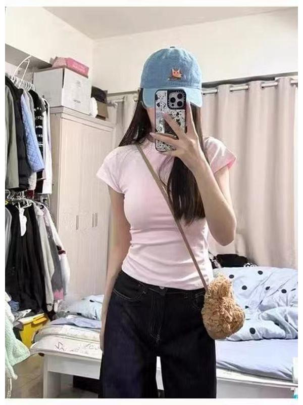 Women's American Style Slim Fit Crew Neck Cotton T-Shirt - 2026 Summer Design, Short Sleeve, Cinched Waist