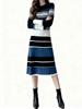 Damen Vintage Gestreiftes Strickpulloverkleid Mode Midikleid Herbst Winter Warme Kleidung