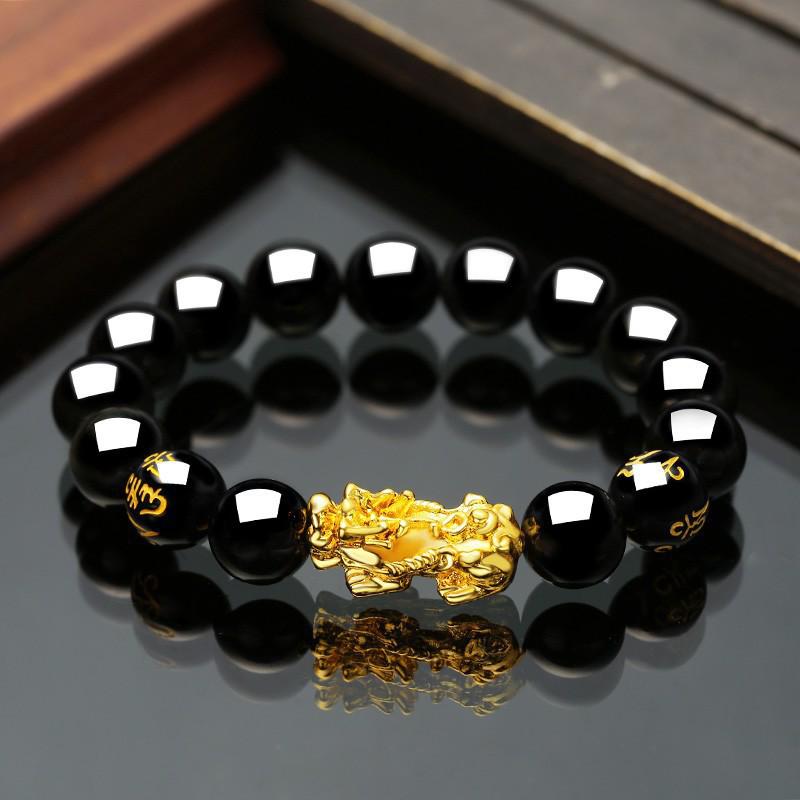 Pixiu Obsidian Buddhist Mantra Bracelet - Vietnamese Sand Gold Style