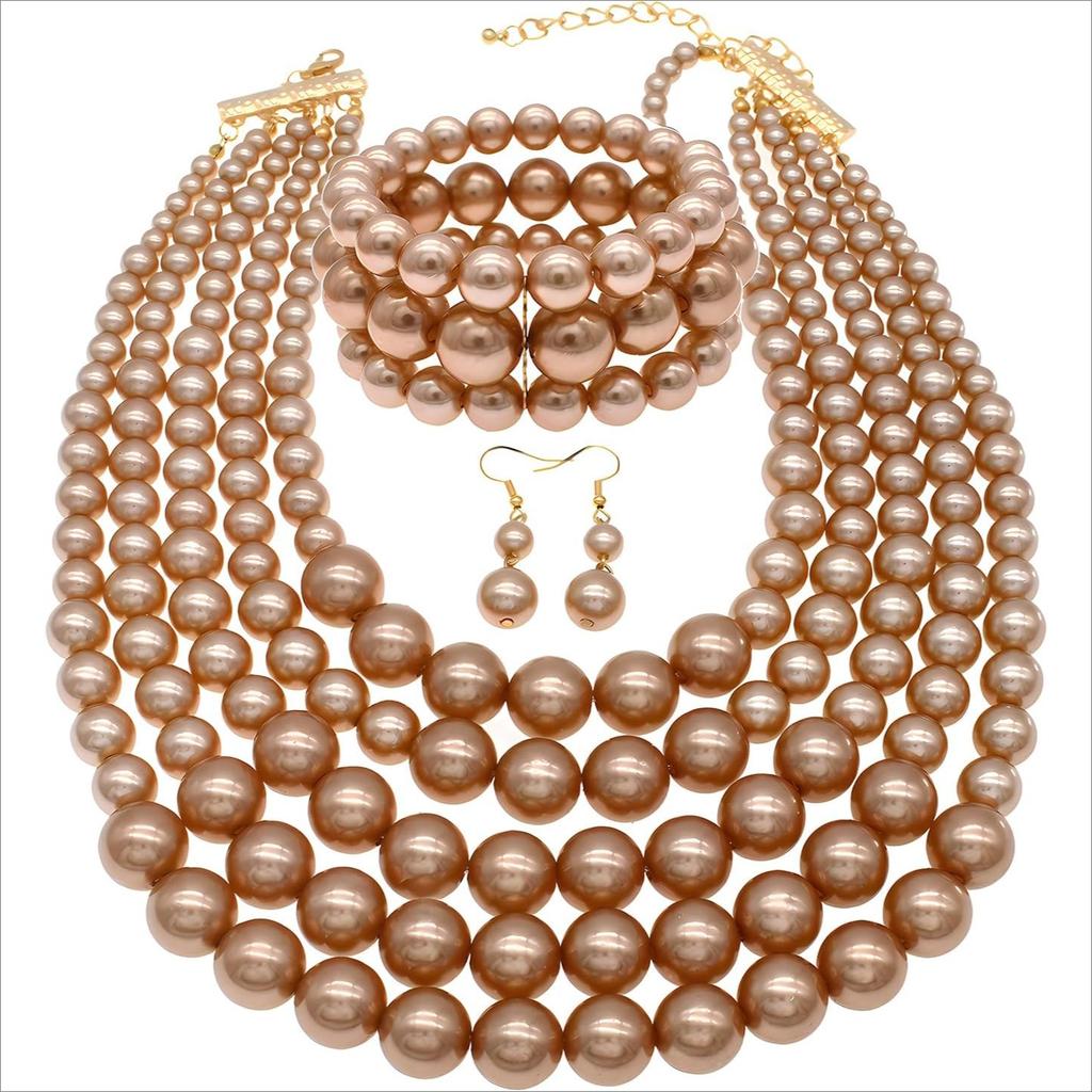 Perlen-Halskette für Damen Mehrsträngiges Armband und Ohrringe Set Kostümschmuck Zubehör
