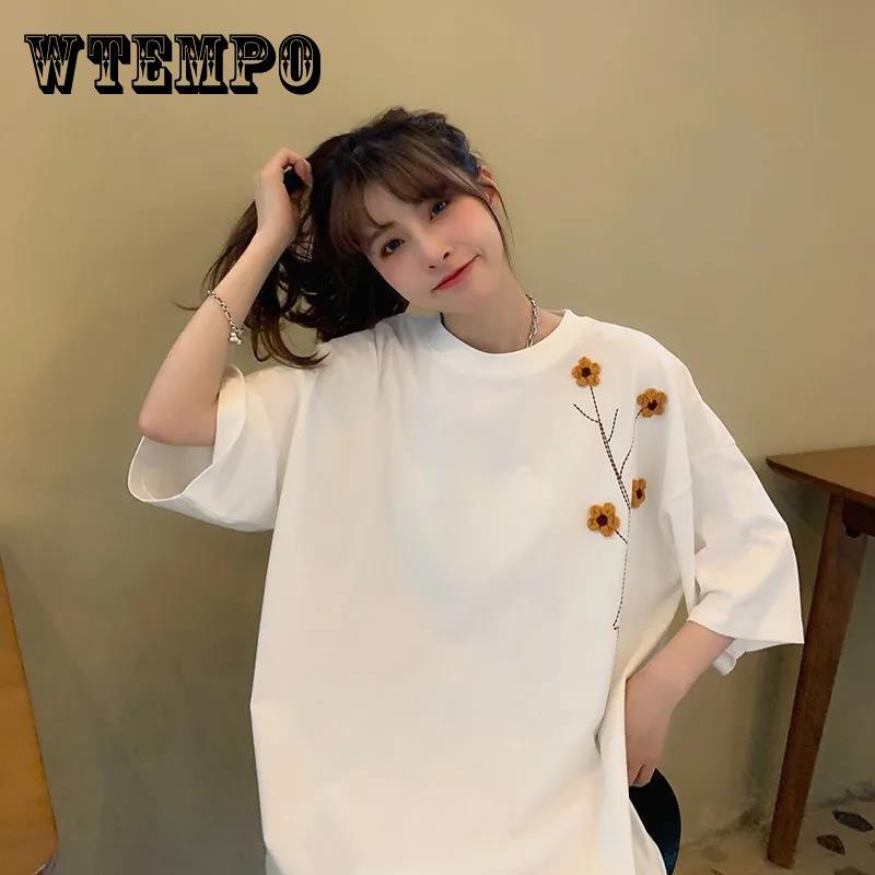 

Чистый цвет, цветочный узор, вышивка, женская повседневная футболка, топ для леди, топ для девочек, хипстерские футболки в стиле мультфильмов