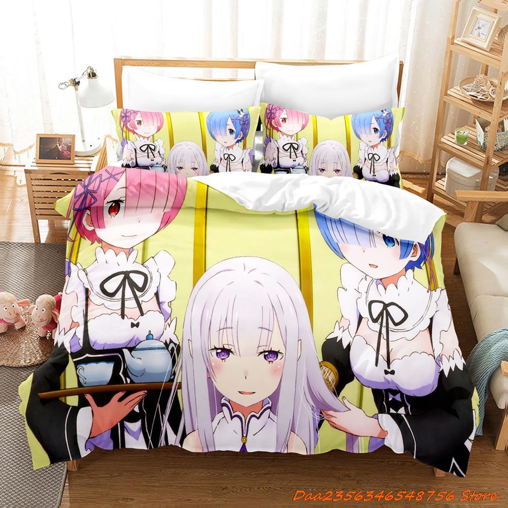 Comforter Re Zero Rem Ram Bedding Set Cartoon Anime Three-Piece Set Adult Kid Bedroom Duvet Sets 3D Kawaii Girl Twin Set