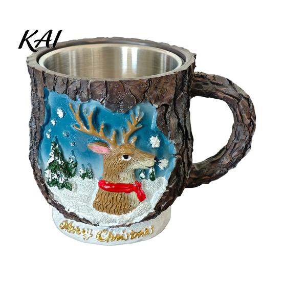 Christmas Party Supplies Theme Mug with Stainless Steel Liner, 3D Relief Hand Decorative Beverage Cups Painted Resin Coffee Cup, Drinkware for Holiday
