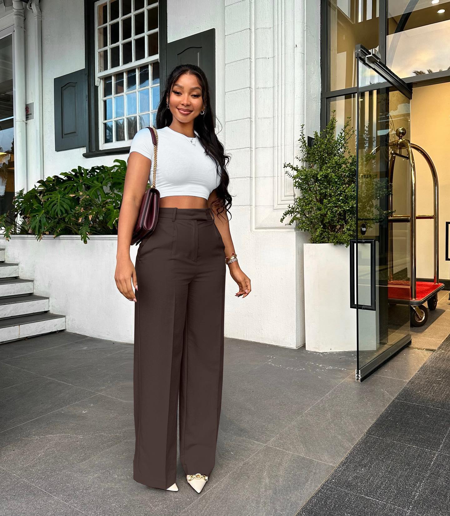 

Y6012 Women s Fashion High-Waisted Draping Wide-Leg Pants - Four Seasons Casual Style X-Large кофейный