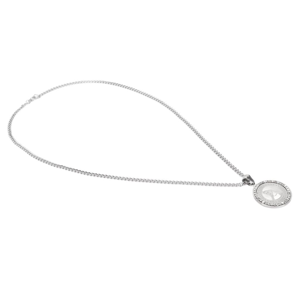 Round Engraved Pendant Necklace Men Women Fashionable Stainless Steel Rhinestone Pendant Necklace Steel Color