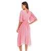 Summer Elegant Women Solid Short Sleeve Fashion Bandage Pleated Midi Dress
