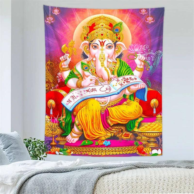 Indian God Shiva Wall Hanging Tapestry Wall Mounted Wall Cloth Gold Gacha Temple Elephant Wall Carpet Beach Yoga Mat Home Decor