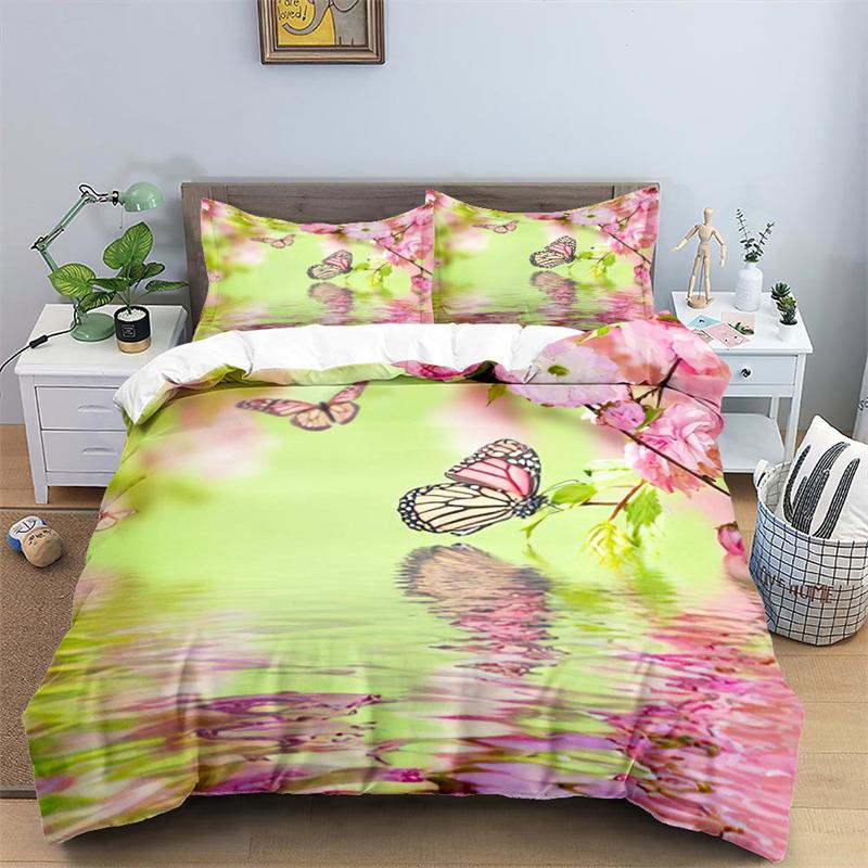 Soft Butterfly Floral Duvet Cover Queen Size For Adults Kids Girls Teens Bedroom Decor Flowers 3D Print Bedding Set Pillowcases