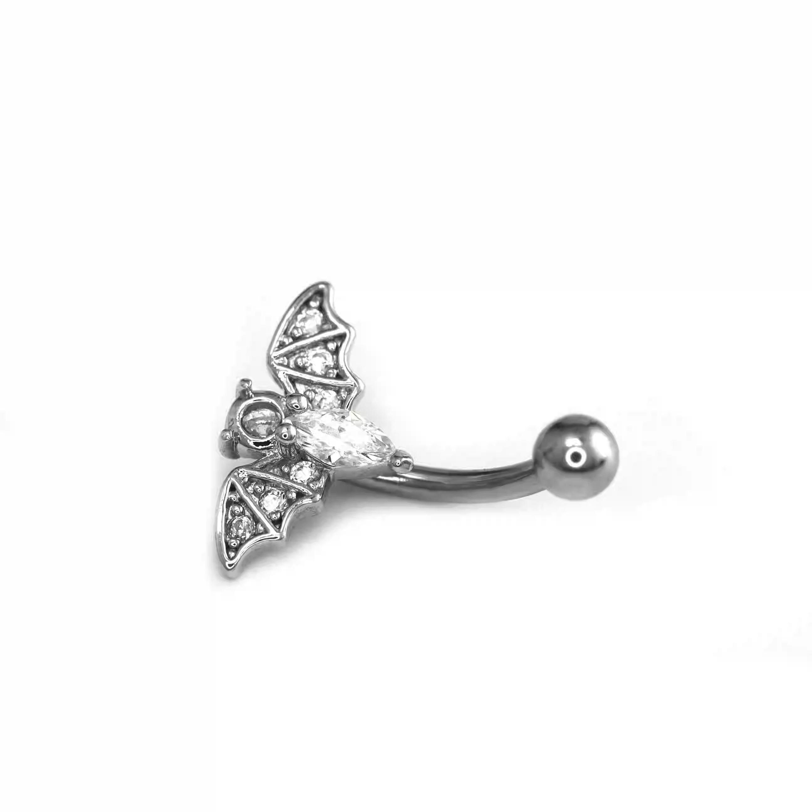 Hisera New Punk Bat Zircon Inlaid Curved Bar Eyebrow Stud Cartilage Earring Stainless Steel Piercing Jewelry