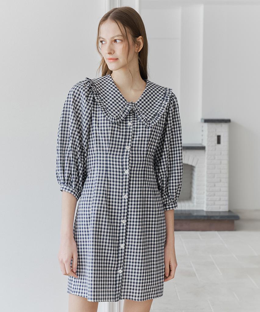 Bember Lace Collar Puff Sleeve Dress_Navy