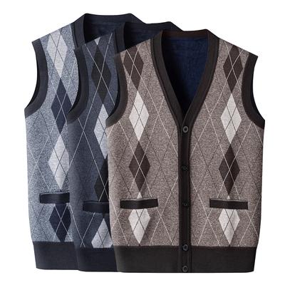 Mens Sleeveless Sweater Vest V Neck Button Down Cardigan Sweaters Knitted Dad's Argyle Vest with Pocket
