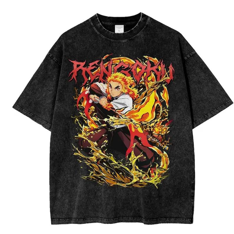 Vintage Rengoku Print Mineral Tee, Unisex Shirt Gift For Him, Anime Lover S разноцветный