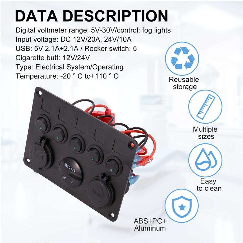 SXR-5 Gang 12V/24V Inline-Fuse Box LED Switch Panel Dual USB Car Boat Truck Camper