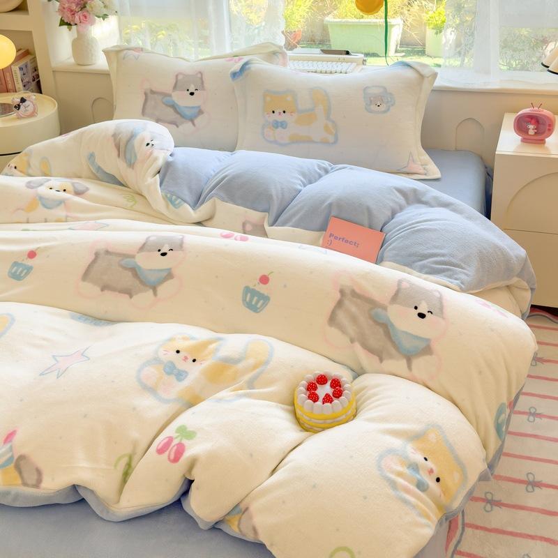 Thickened Milk Fleece Four-Piece Set, Coral Flange Double-Sided Fleece Quilt Cover, Bed Sheet, Bed Hat Three-Piece Set