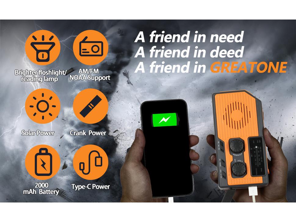 Solar Hand-Crank Emergency NOAA Radio with 5000mAh Power Bank and Battery Display