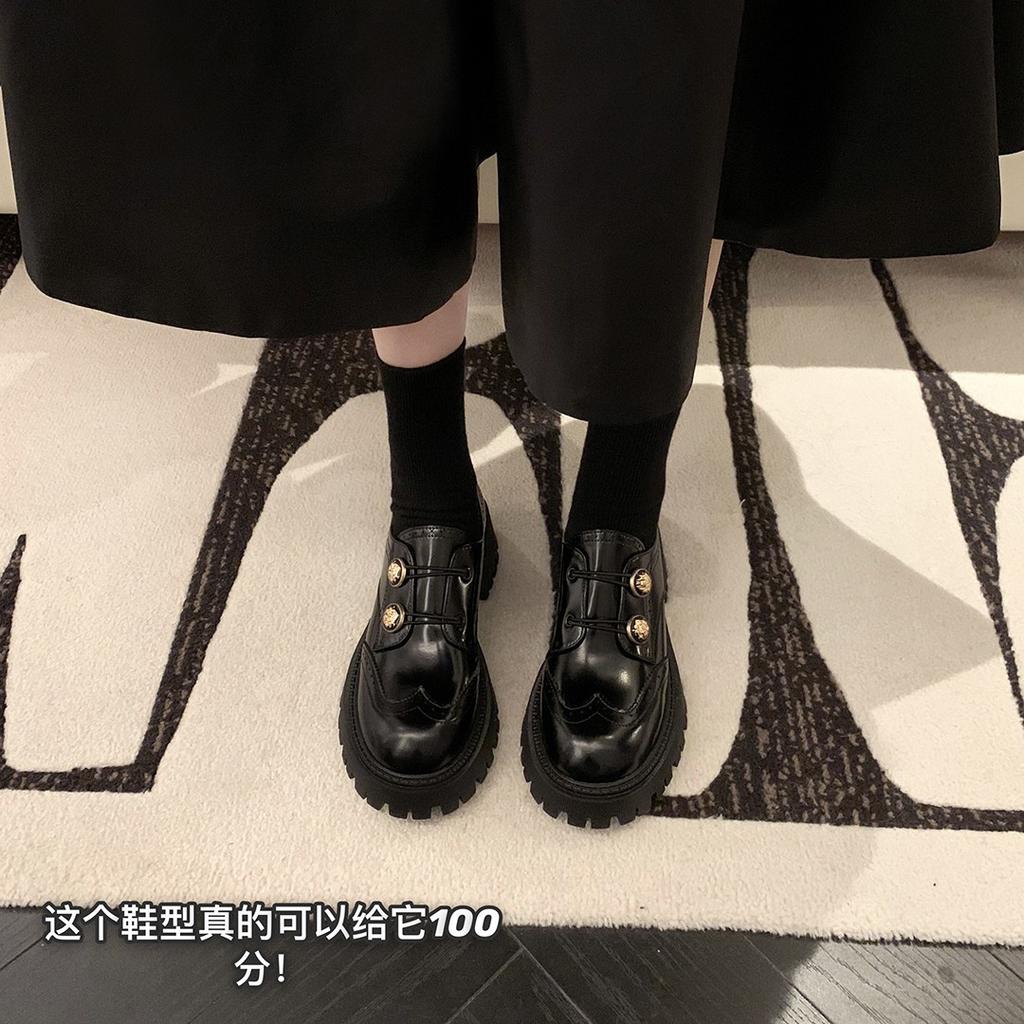 Cowhide version~ leather engraved gold buckle thick heel thick sole Brock small leather shoes for women