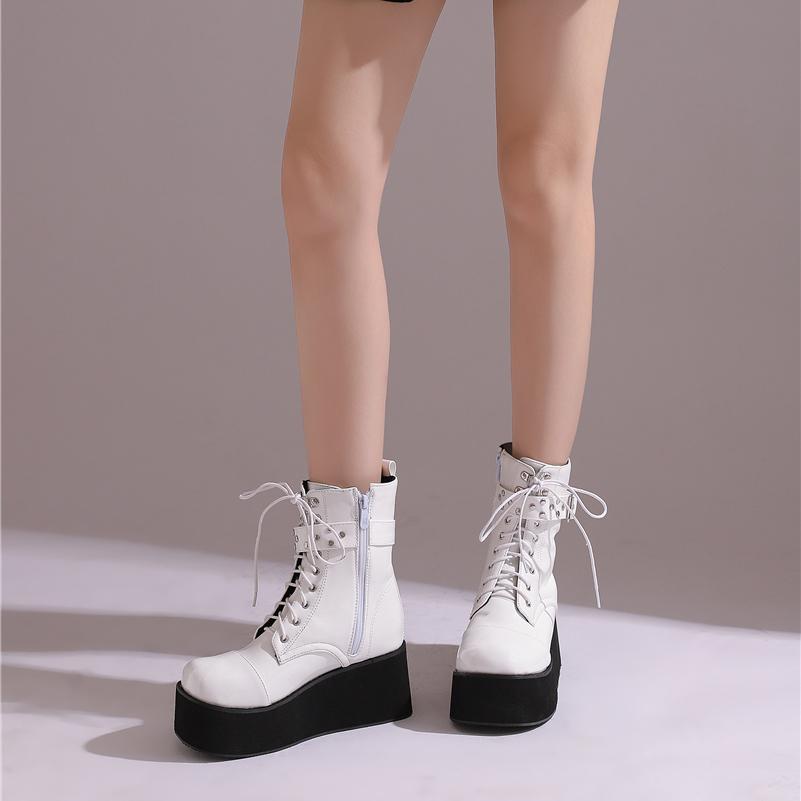 Women Ankle Boots Round Toe Wedge High Heels Rivets Chain Zipper Lace-up Short Boots Ladies Fashion Shoes Autumn Winter 46