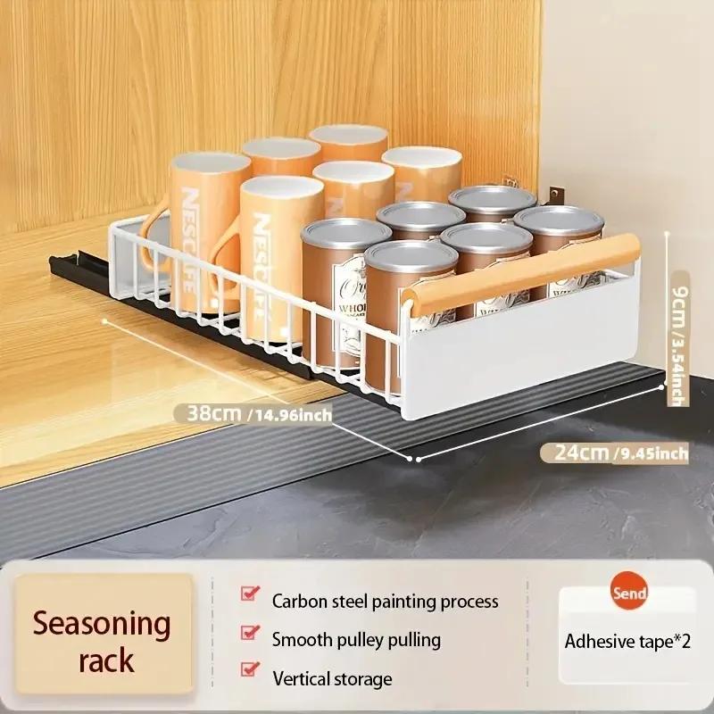 

Pull-Out Kitchen Storage Rack Carbon-Steel Dish Rack with Sliding Drawers for Plates Cutlery Condiments Cabinet Organizer