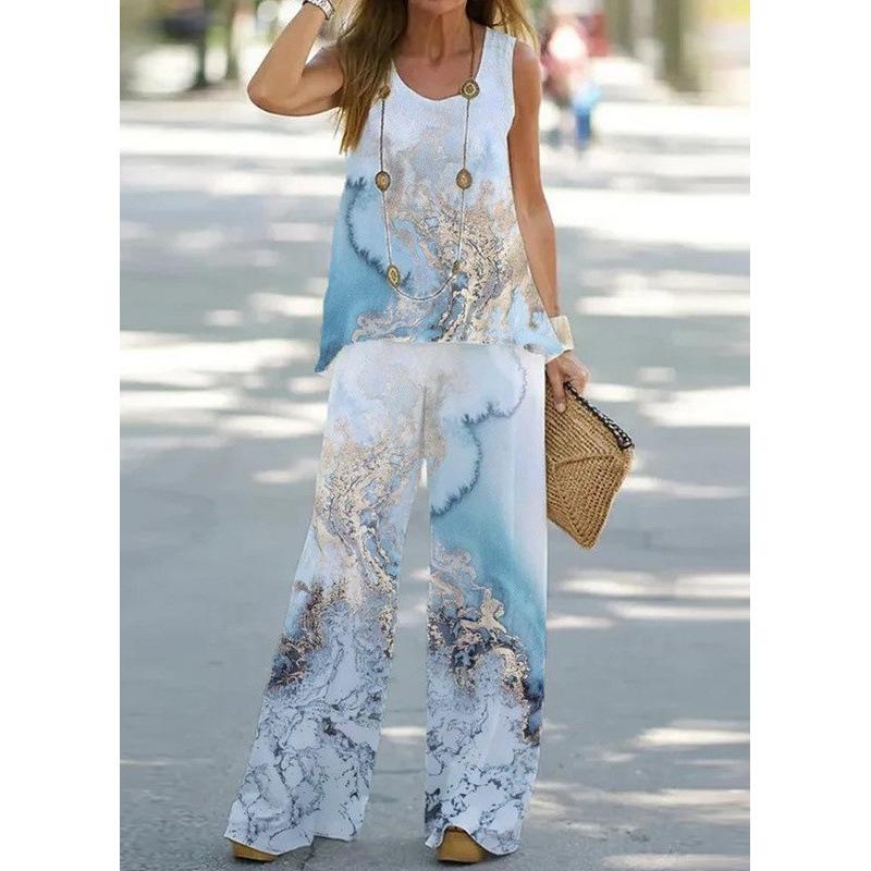 Damen-Freizeit-Zweiteiler mit Print, Weste mit elastischer Taille und Hose, Damenanzug.