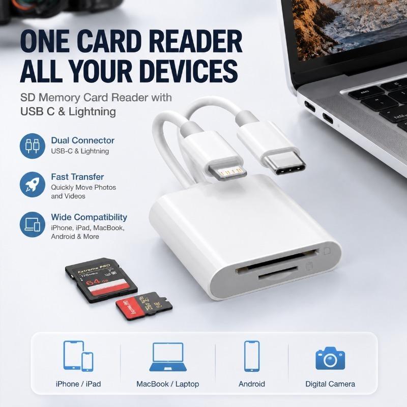 Dual Port Card Reader Adapter Compatible with IOS Android Mobile Phones Portable Memory Transfer Connector Universal Computer