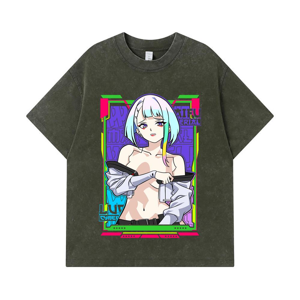 275 GSM Washed T-shirts 100% Cotton Cyberpunk V11 Lucy Waifu Print Unisex Heavy Cotton T Shirt